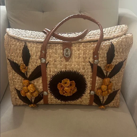 Woven Straw Tote Bag with Brown Leather Trim and Floral Accents -Acapulco - Picture 3 of 13